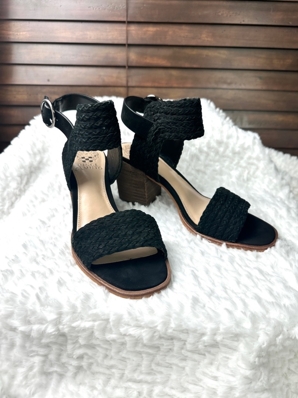 Vince Camuto Kolema Black Braided Woven Accent Slingback Block Heel Sandals